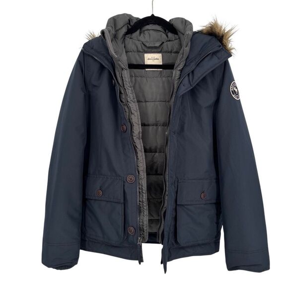 Abercrombie & Fitch Faux Fur Hooded Jacket Navy Blue Kids Size XL - Picture 1 of 11